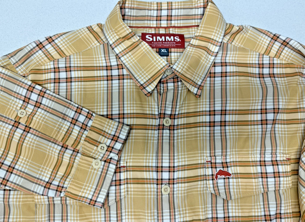 Simms Fishing Shirt Mens XL Yellow Plaid Button Up Roll Tabs Long Sleeve